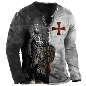 Men long sleeve henley t-shirt vintage medieval knight digital print casual top wear.
