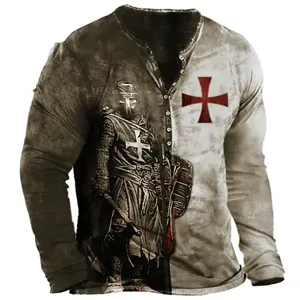 Men's vintage medieval knight print long sleeve henley t-shirt with button placket detail.