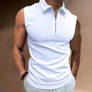 Homme été polo sans manches couleur unie fermeture éclair revers haut décontracté pour homme.