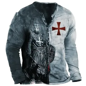 Men's vintage medieval knight graphic long sleeve henley t-shirt with button placket detail.