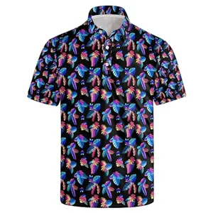 Men short sleeve polo shirt with vibrant colorful tropical leaf pattern for casual daily wear.