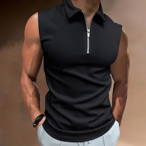 Homme Été Casual Couleurunie Sans-manches Polo Chemise Fermeture Éclair Revers Slim Top
