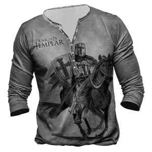 Men's Vintage Knights Templar Long Sleeve Henley Shirt Casual Printed Graphic Tee Top