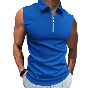Polo sans manches de couleur unie pour homme avec col zippé, haut d'été décontracté.