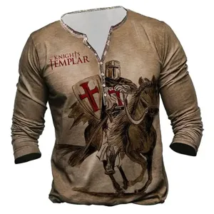 Mens vintage 3d knights templar print henley long sleeve t-shirt casual streetwear