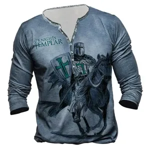 Men's long sleeve Henley t-shirt seven button placket digital print vintage medieval knight top