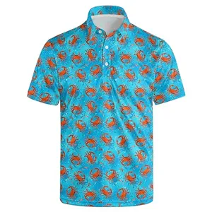 Men's 3D print crab polo shirt short sleeve casual summer top with lapel and buttons