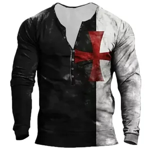 Men's long sleeve Henley t-shirt featuring a vintage split color design and bold red cross print.