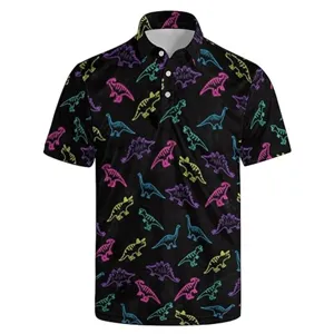 Men's black short sleeve polo shirt featuring a colorful neon dinosaur graphic print casual top.