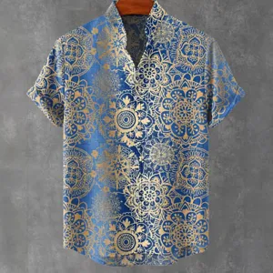 Men's Mandarin Collar Short Sleeve Shirt Vintage Blue Floral Printed Casual Summer Top