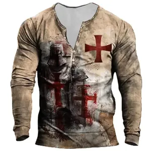 Men's Vintage Knight Print Long Sleeve Henley T-Shirt Casual Button Placket Top.