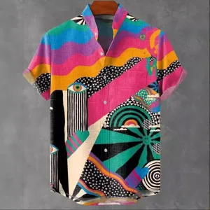 Mens short sleeve stand collar casual shirt with colorful abstract artistic print