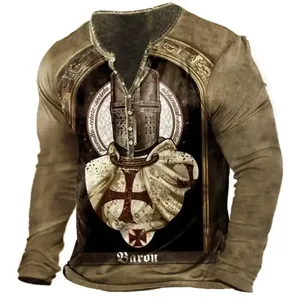 Detailed view of the vintage men's knight print long sleeve henley t-shirt.