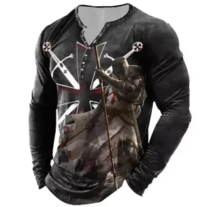 Men's 3D Knight Print Long Sleeve Henley T-Shirt in Dark Gray Casual Streetwear Top