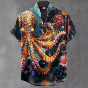 Men's short sleeve mandarin collar shirt with creative octopus 3D print linen blend casual top.