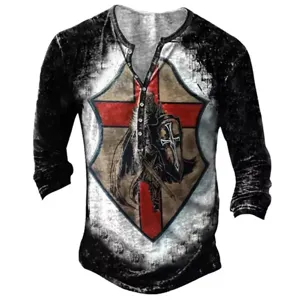 Men's vintage knight shield print long sleeve Henley t-shirt with multi-button placket.