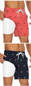 Men double layer beach shorts with anchor print, breathable milk silk lining and side pocket.