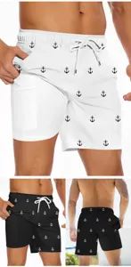 Men's double-layer board shorts with anchor print, casual summer beach shorts detail view.