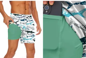 Ανδρικό διπλό σορτς παραλίας καλοκαιρινό casual φαρδύ με τσέπη κινητού με τύπωμα καρχαρία