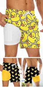 Men's double layer quick dry board shorts with cute yellow duck print for summer beach wear.