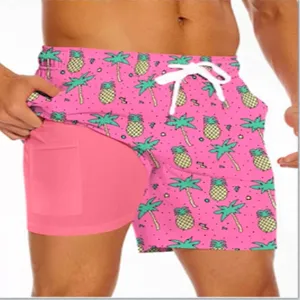 Men's quick dry beach shorts with tropical pineapple palm tree 3d print and built in lining.