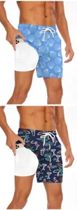 Men's double-layer beach shorts summer casual quick-dry board shorts with pockets and digital print patterns