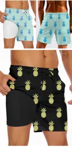 Men's 3D pineapple printed quick-dry board shorts with double layer design for summer beach wear.