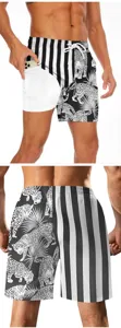 Men's double-layer quick-dry board shorts with animal and stripe print and side pocket.