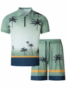 Men summer short sleeve polo shirt and shorts set tropical palm tree print casual outfit