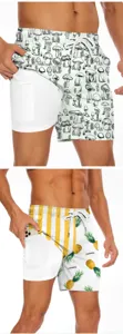 Men's quick-dry double-layer beach board shorts with 3d printed patterns and side pocket.