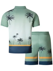 Men's tropical palm tree print short sleeve polo shirt and shorts summer two piece set.