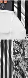 Quick-dry mens beach shorts detail showing deep pocket, stripes and animal print.