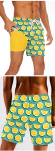 Men's 3D lemon print quick-dry board shorts with side pocket casual beach swimwear