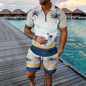 Men Summer Casual Short Sleeve Polo Shirt And Shorts Set Tropical Printed Top And Bottom Sporty Two Piece Outfit For Vacation Beach