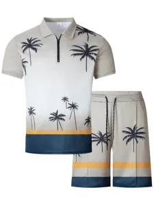 Detail view of men's summer gradient palm tree print polo shirt and shorts two piece set.