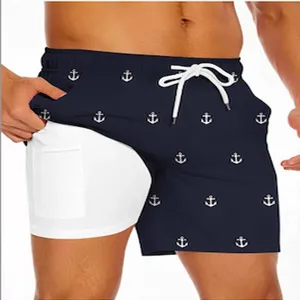 Men's Double Layer Beach Shorts Quick Dry Digital Printed Swim Trunks With Inner Liner Pocket Anchor Tropical Pattern Summer Bottoms