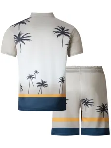 Men's Summer Short Sleeve Polo Shirt and Shorts Two-Piece Set Tropical Palm Tree Gradient