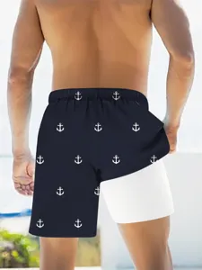 Men's double-layer board shorts with anchor print summer beach wear casual trunks