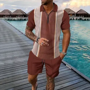 Men summer short sleeve polo shirt and shorts matching set detail view casual outfit
