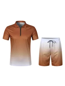 Men's summer casual two-piece set, brown gradient polo shirt and shorts with geometric pattern.