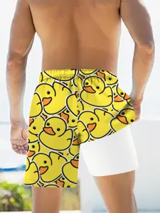 Men's quick-dry beach shorts summer double-layer elastic yellow duck print board shorts
