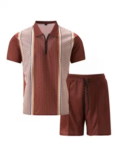 Men summer brown knit zip polo shirt and drawstring shorts detailed view showing texture.