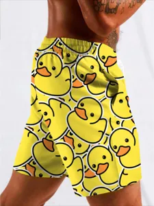 Men's quick-drying beach shorts featuring a playful all-over yellow duck print design.