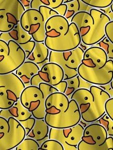 Men's quick-dry beach shorts with cute yellow rubber duck print pattern, summer casual wear.