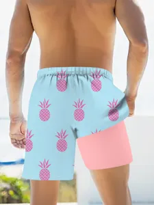 Men's 3D pineapple printed double-layer quick-dry board shorts for beach and summer.