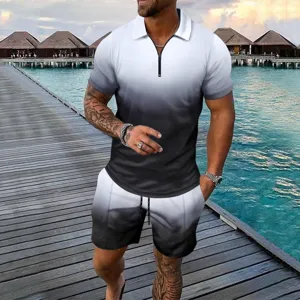 Men Casual Summer Suit Gradient Polo T-Shirt And Shorts Set Polyester Geometric Printed Zipper Neck Sporty Short Sleeve Top And Bottom