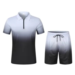 Detail view of men gradient color polo shirt and shorts set, casual summer sportswear outfit.