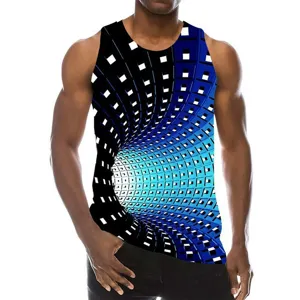 Detailed view of men 3D optical illusion vortex print sleeveless tank top graphic top