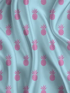 Light blue fabric material featuring a stylish pink pineapple repeating pattern design.