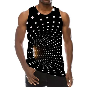 Men 3D optical illusion tunnel print sleeveless tank top, casual summer graphic gym vest.
